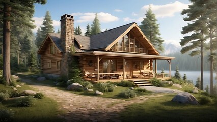 Fototapeta premium wooden house in the forest Tranquil Retreat A Rustic Cabin in the Woods