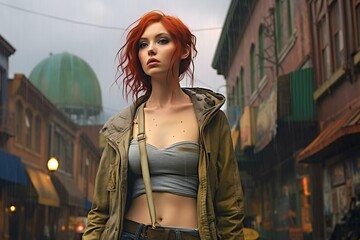 Beautiful young woman with red hair walking in the city street at rainy day