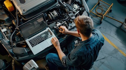 An overhead shot of a mechanic examining engine components on the laptop screen while working on a car.