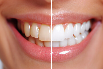 female open mouth with smile with white teeth before and after dental whitening procedure close-up
