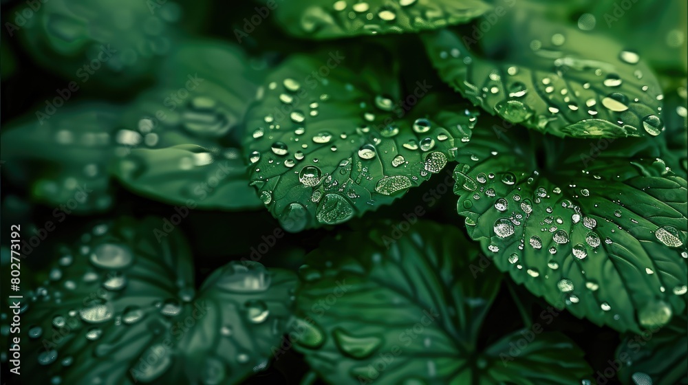 Leinwandbilder close-up view of raindrops on leaves, each raindrop sits delicately on the surface of the leaf, refl