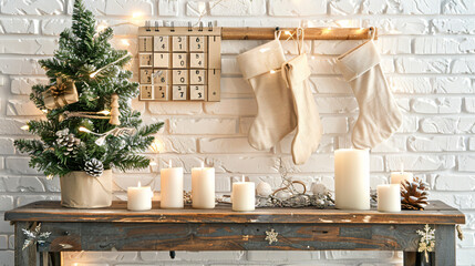 Shelf with fir tree candles gift and Christmas
