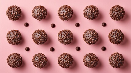 Full frame background with lots of chocolate truffles arranged symmetrically on a pink background.