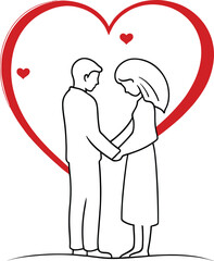 A beautiful line art vector illustration of a couple expressing their love by holding hands celebrating Happy Valentine's Day.
