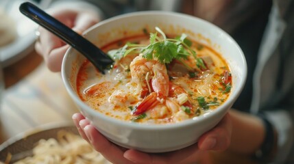A food blogger capturing the beauty of a bowl of Tom Yum Goong soup in a stylish cafe setting, highlighting its appeal as a trendy and delicious dish.