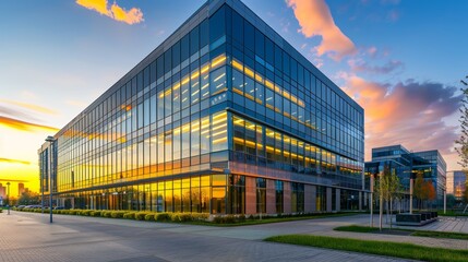 Modern office building in the evening.