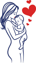 Illustration of a mother hugging and kissing her children with care and love in a line art vector style, celebrating Happy Mother's Day.