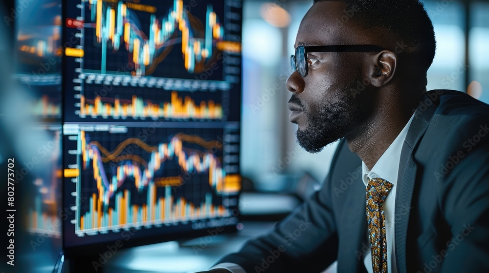 Fototapete an african businessman at work in a dynamic and modern office setting, focusing intently on a comput