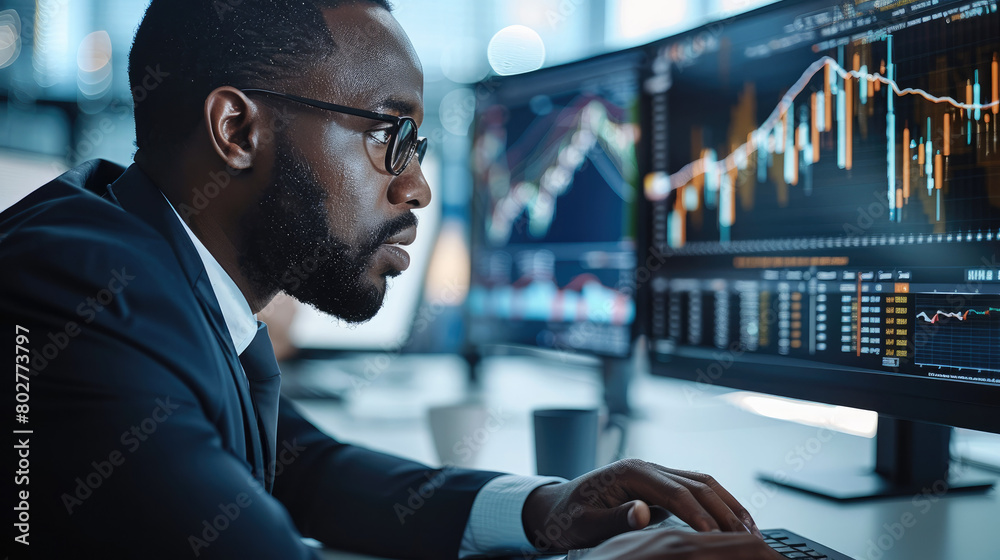 Fototapete an african businessman at work in a dynamic and modern office setting, focusing intently on a comput