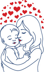 Illustration of a mother hugging and kissing her children with care and love in a line art vector style, celebrating Happy Mother's Day.