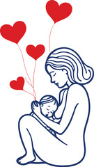 Illustration of a mother hugging and kissing her children with care and love in a line art vector style, celebrating Happy Mother's Day.
