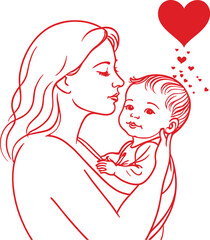 Illustration of a mother hugging and kissing her children with care and love in a line art vector style, celebrating Happy Mother's Day.