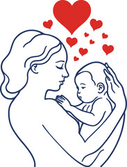 Illustration of a mother hugging and kissing her children with care and love in a line art vector style, celebrating Happy Mother's Day.
