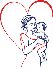 Illustration of a mother hugging and kissing her children with care and love in a line art vector style, celebrating Happy Mother's Day.