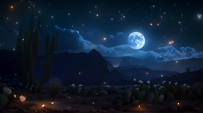 A moonlit night in the desert with huge cactus flowers above the fireflies surrounding it