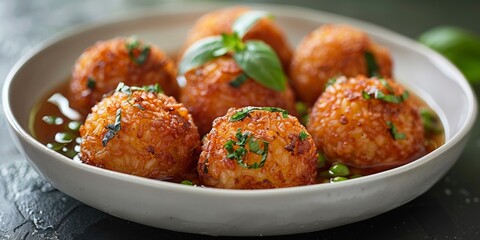 A rustic lunch featuring homemade meatballs in rich tomato sauce, garnished with fresh basil.