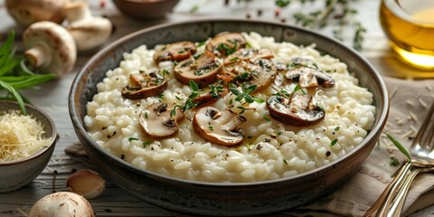 A restaurant-quality cheesy mushroom risotto served with fresh herbs, a delicious Italian meal.