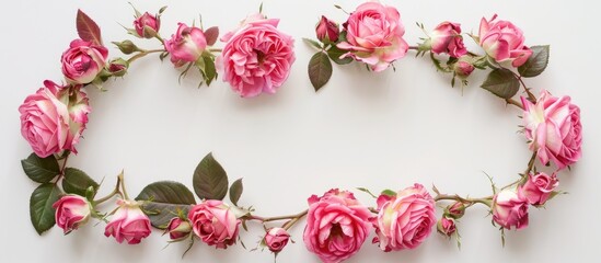 Pink roses arranged on a white backdrop in a flat lay style, forming a wreath design.