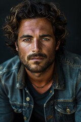 Portrait of handsome young man with long curly hair wearing denim jacket