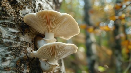 A macro shot of delicate mushrooms clinging to the rough surface of a tree trunk, blending seamlessly into their forest habitat.