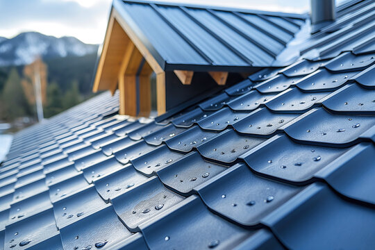 roof of house is covered with black metal modern roofing material against the sky close-up