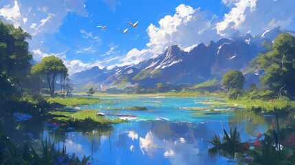 art illustration lake landscape