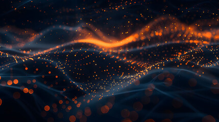 Abstract background with blue and orange glow waves on dark hexagon mesh grid. Digital wallpaper for design