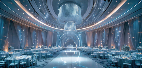 A large wedding hall with an indoor circular stage, futuristic style, white and silver color scheme, silver installation design elements on the ceiling of each table. Generative AI. - Powered by Adobe