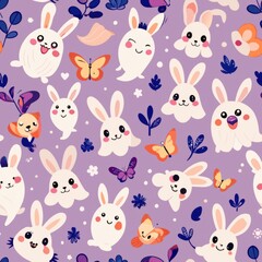 Seamless pattern of giggling ghost bunnies and fluttering butterflies, Generative AI