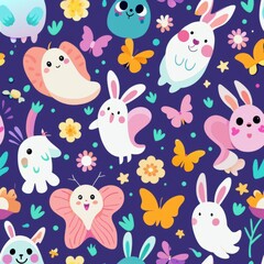 Seamless pattern of giggling ghost bunnies and fluttering butterflies, Generative AI