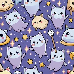 Seamless pattern of happy ghost kittens with magical wands, Generative AI