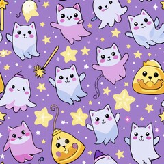 Seamless pattern of happy ghost kittens with magical wands, Generative AI