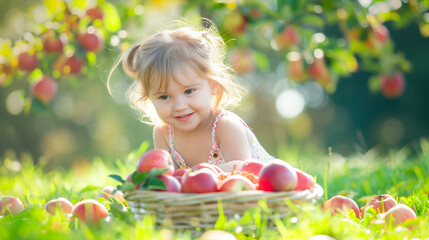 little girl with easter eggs in the garden gress fresh fruit basket 