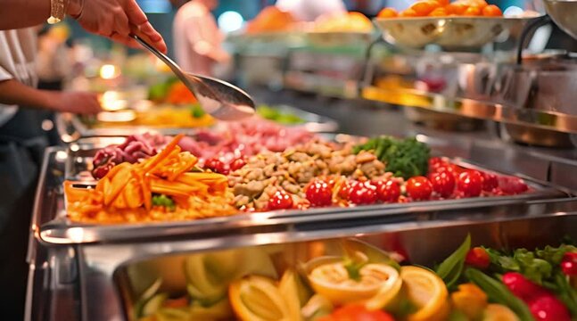 catering buffet food indoors in restaurant with colorful fruits and vegetables meat