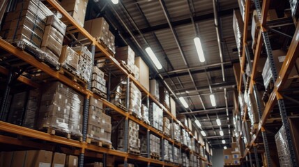 Warehouse or storage and shelves with cardboard boxes.