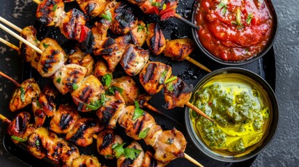 A platter of grilled chicken skewers served with colorful dipping sauces, perfect for sharing at a summer cookout.