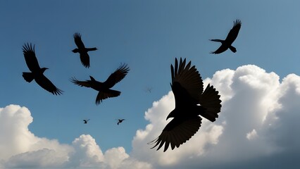 Obraz premium A group of crow flying in the sky, in png transparent 