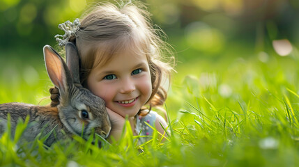little girl with bunny rabbit black rabbit fresh grass