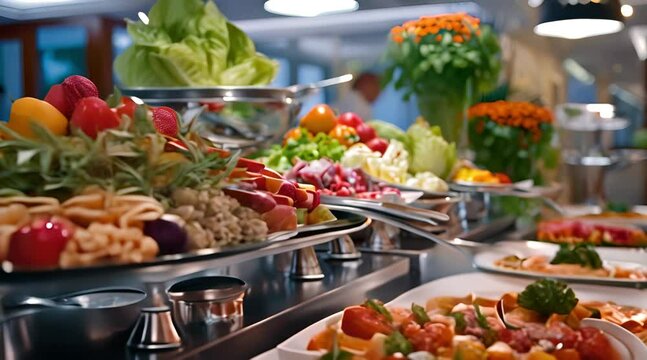 catering buffet food indoors in restaurant with colorful fruits and vegetables meat