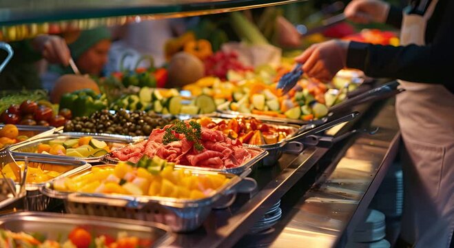 catering buffet food indoors in restaurant with colorful fruits and vegetables meat