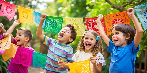Niños riendo y jugando con banderas de papel picado durante la celebración de Cinco de Mayo