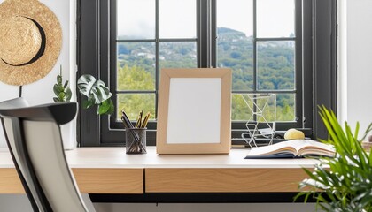 Fototapeta premium Frame mockup close up at home, workplace near window with empty wooden frame, 3d render