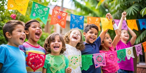 Niños riendo y jugando con banderas de papel picado durante la celebración de Cinco de Mayo - obrazy, fototapety, plakaty