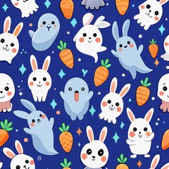 Seamless pattern of joyful ghost bunnies with carrot treats, Generative AI