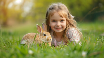 little girl with bunny in grass 