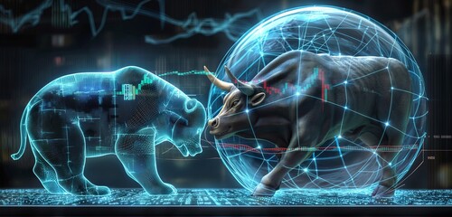 A holographic bear and bull, symbolizing the market forces, locked in a battle over a network of financial data, encased in a transparent, secure bubble. 32k, full ultra hd, high resolution