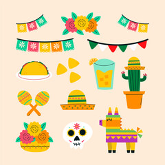 Cinco de Mayo Mexican Holiday elements set. Suitable for greeting card, poster and banner template design Cinco de Mayo celebration.