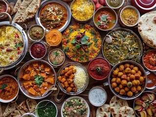 colorful spread of aromatic dishes laid out on a table. From a bird's-eye view, you see an assortment of curries, biryanis, naan bread, samosas, chutneys, 