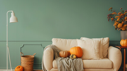 Sofa with basket pumpkins and lamp near green wall - Powered by Adobe