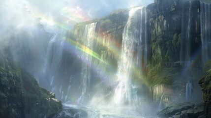 A rainbow forming in the mist of a waterfall, adding a magical touch to the already enchanting natural scenery.